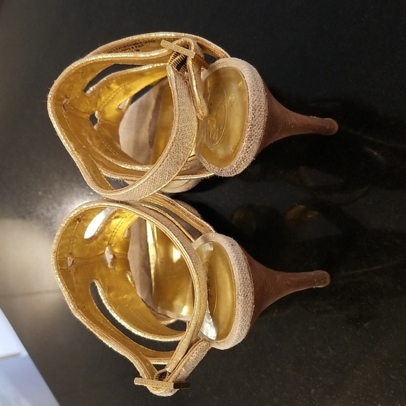 💕TORY BURCH💕 Leather Cage Sandal Heels ~ Open Toe Canvas & Gold 7.5 - Picture 10 of 14